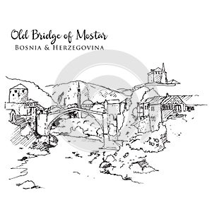 Drawing sketch illustration of the Old Bridge of Mostar photo