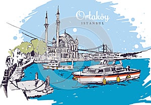 Drawing sketch illustration of Ortakoy Mosque