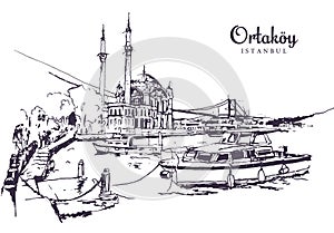 Drawing sketch illustration of Ortakoy Mosque