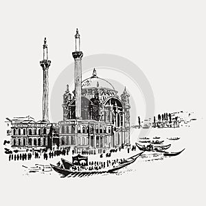 Drawing sketch illustration of Ortakoy Mosque