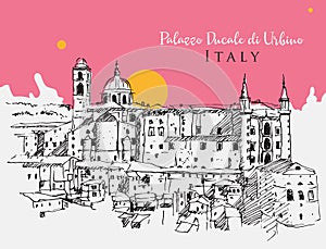 Drawing sketch illustration of Palazzo Ducale in Urbino, Italy