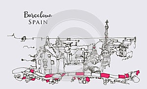 Drawing sketch illustration of Park Guell in Barcelona