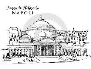 Drawing sketch illustration of Piazza di Plebiscito in Naples, Italy