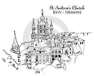 Drawing sketch illustration of St. Andrew`s Church in Kyiv, Ukraine