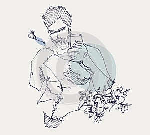 Drawing sketch illustration of a young topless man taking a selfie