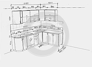 Drawing, sketch of kitchen furniture with dimensions