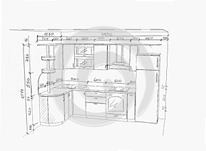 Drawing, sketch of kitchen furniture with dimensions