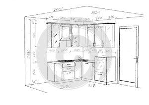 drawing, sketch of kitchen furniture with dimensions