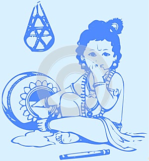 Drawing or Sketch of a Little Kid Krishna Eating Butter or Ghee from Pot Hanged by sitting pose. Lord Krishna in a Childhood