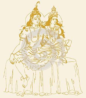 Drawing or sketch of Lord Shiva and Parvati editable outline illustration