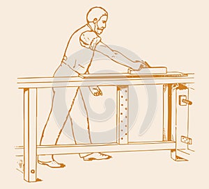 Drawing or Sketch of Man working with wood and wooden tools in a factory like, cutting, measuring, removing iron nail editable