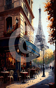 A drawing, a sketch of a Parisian street, cafes, shops, beautiful season, charming atmosphere, ai generative