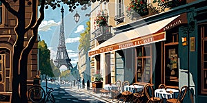 A drawing, a sketch of a Parisian street, cafes, shops, beautiful season, charming atmosphere, ai generative