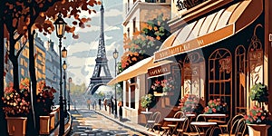 A drawing, a sketch of a Parisian street, cafes, shops, beautiful season, charming atmosphere, ai generative