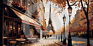 A drawing, a sketch of a Parisian street, cafes, shops, beautiful season, charming atmosphere, ai generative