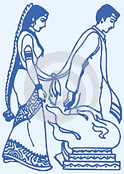 Drawing or Sketch of Saptapadi ritual of Hindu Wedding rounding the fire photo