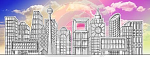 Drawing the skyline of a modern city hypothetical - pencil on white background photo
