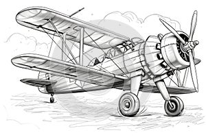 A drawing of a small airplane with a propeller, coloring book for kids.