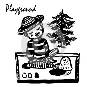 Drawing a small boy in a striped T-shirt and panama sitting in the sandbox on the playground, playing, a sketch com