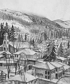 Drawing of Small Town Koprivshtica in the Winter