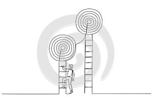 Drawing of smart businessman about to climb up ladder to achieve short term goal. Metaphor for focus on short term goal to achieve