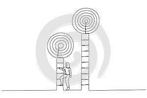 Drawing of smart businesswoman about to climb up ladder to achieve short term goal. Metaphor for focus on short term goal to