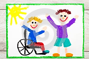 drawing: Smiling boy sitting on his wheelchair. Disabled boy with a friend