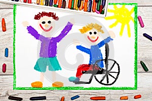 Drawing: Smiling boy sitting on his wheelchair. Disabled boy with a friend