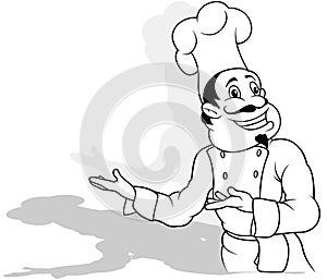 Drawing of a Smiling Chef in White Uniform Pointing with his Hands