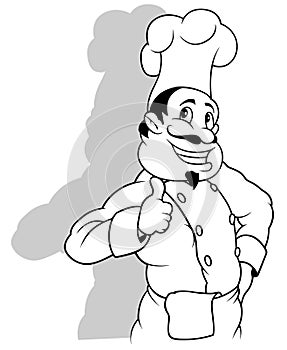 Drawing of Smiling Chef in White Uniform Showing Thumb Up