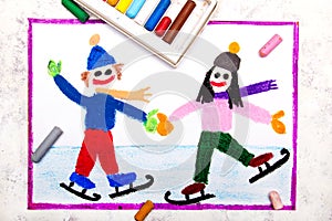 Drawing: Smiling children are ice skating on the ice rink