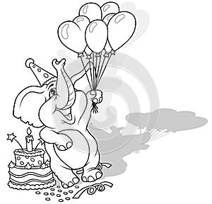 Drawing of a Smiling Elephant with Balloons and Cake at a Celebration
