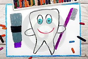 Drawing: smiling healthy tooth holding a toothpaste and a toothbrush