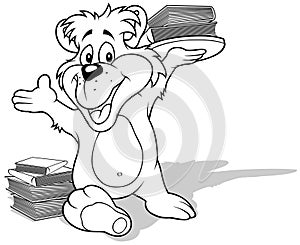 Drawing of a Smiling Teddy Bear with Books on a Tray