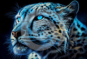 Drawing Snow leopard portrait on a black background