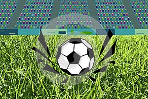 Drawing of soccer ball on grass. 3D realistic and comic cartoon style. Vector illustration with stadium and fans