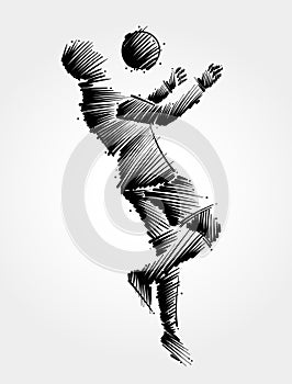 Drawing of soccer player jumping to dominate the ball photo