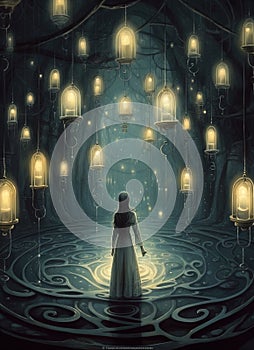 Drawing of a sorceress performing an oracle with large candles floating in the room