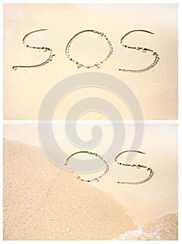 Drawing of SOS on the beach sand