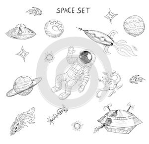 Drawing of space objects: astronaut, alien, ufo, spaceship, comet, planets and stars.