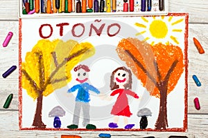 Drawing: Spanish word AUTUMN, smiling couple and trees