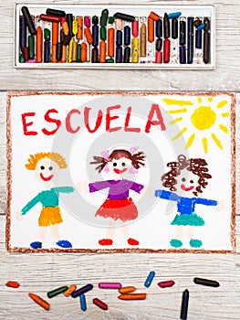 Drawing: Spanish word SCHOOL and happy children. photo