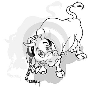 Drawing of a Spotted Cow with Headphones Listens to Music