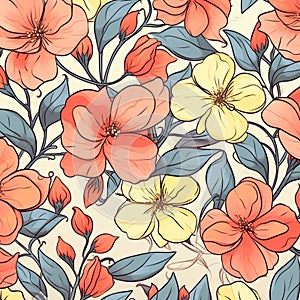 drawing spring summer fabric flower wallpaper pattern art textile leaf. Generative AI.