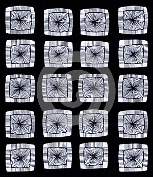 Drawing of squares and lines in black ink on blackbackground