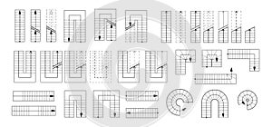 Drawing stairs of plan. Detailed architectural drawing collection stairs in different forms. Top view. Isolated set.