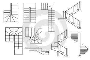 Drawing stairs, stairway. Top view and sectional view. Architectural set