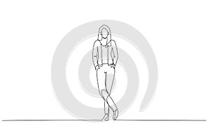 Drawing of standing businesswoman model posing with hands in pockets. Continuous line art