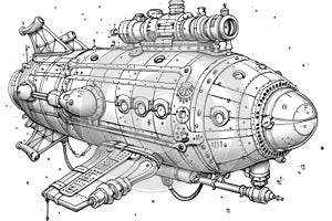 A drawing of a steam powered submarine, coloring book for kids.