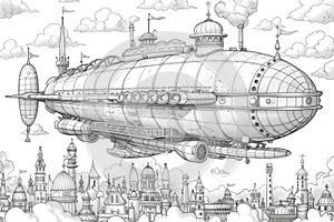 A drawing of a steam powered submarine flying over a city, coloring book for kids.